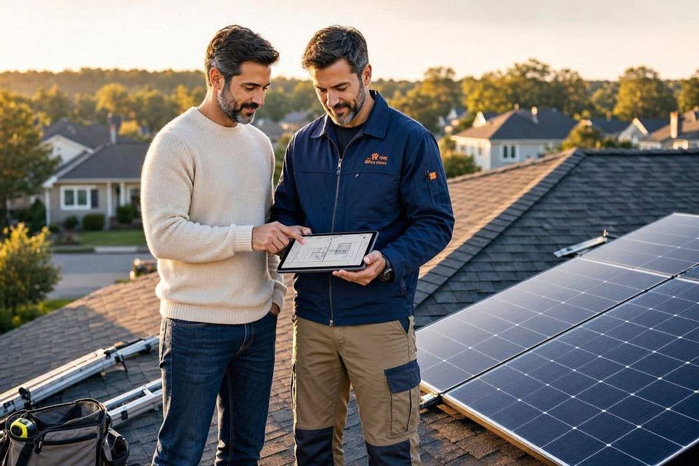 Homeowner and solar installer reviewing plans together