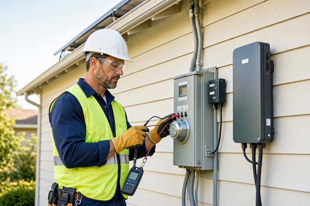 Electrician working at a utility interconnection meter panel