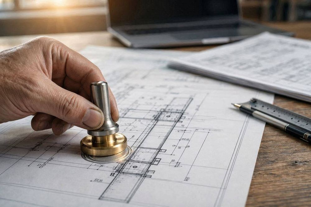 Engineer stamping a solar structural blueprint
