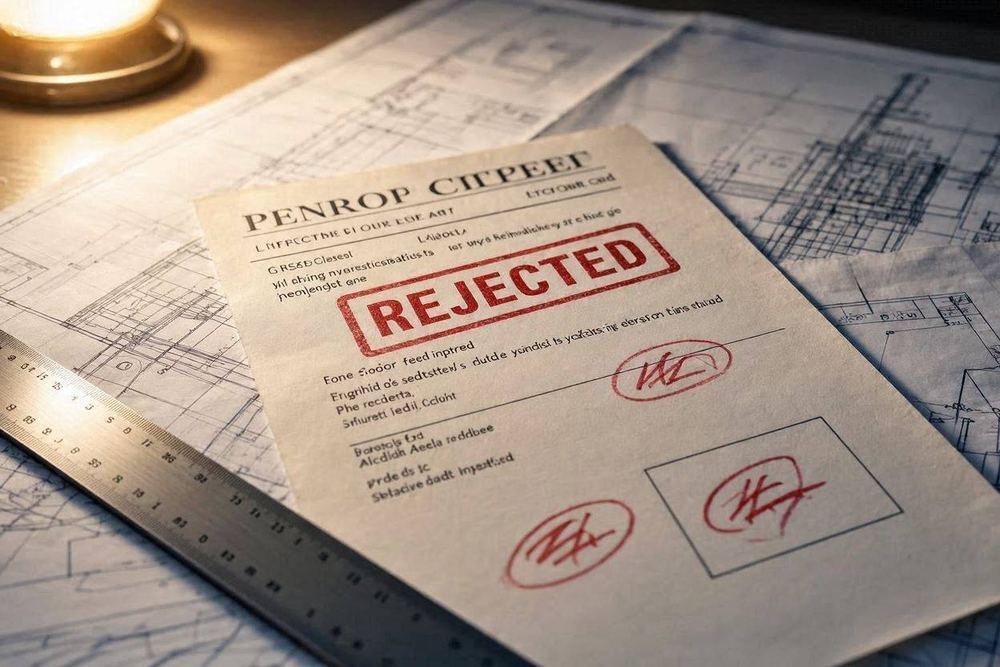 Solar permit blueprint stamped rejected on an engineer's desk