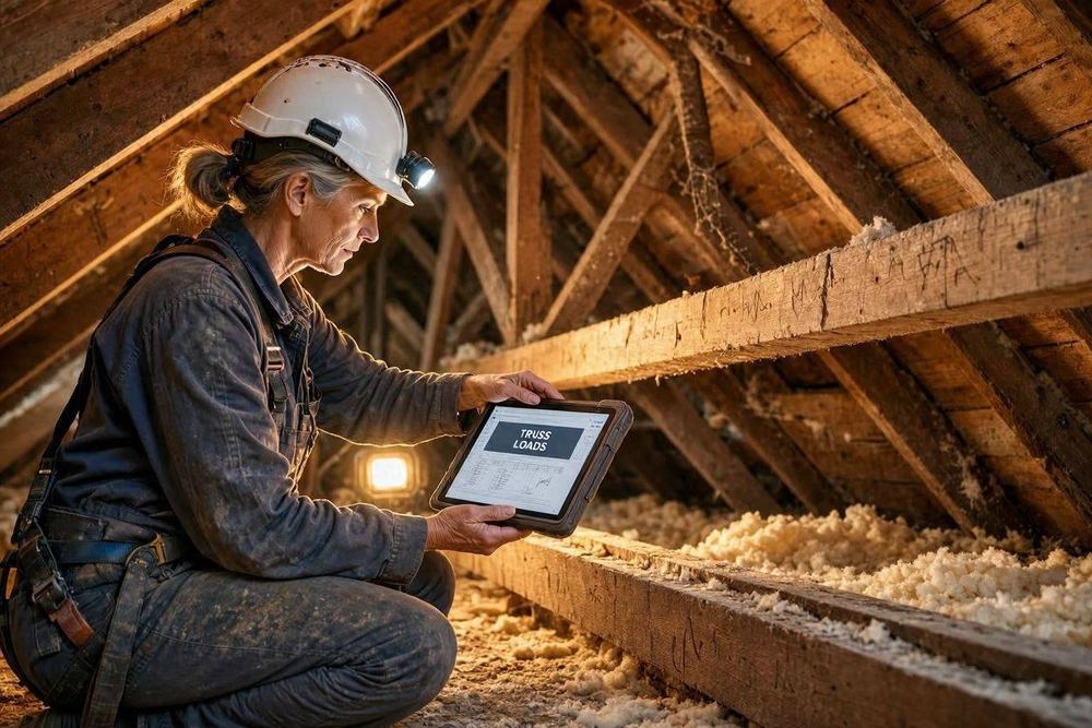 Structural engineer inspecting roof trusses in an attic with a tablet showing truss load calculations