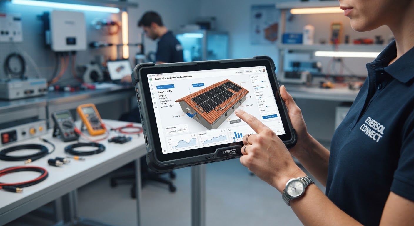 EnersolConnect engineer reviewing solar system equipment specifications on a tablet in a testing lab